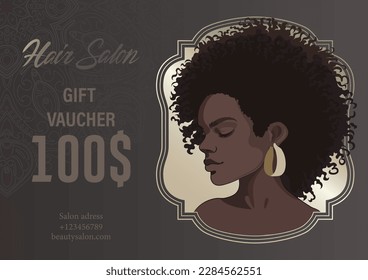Portrait of a beautiful african girl in a frame with short curly hair. Vector illustration isolated on an abstract ornate background