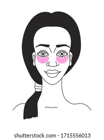 Portrait of a beautiful african girl with patches under her eyes. Skin and face care. Cosmetology. Pink gel patches. Outline drawing on a white isolated background. Vector and illustration.