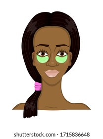
Portrait of a beautiful african girl with patches under her eyes. Skin and face care. Green gel patches. Natural beauty without makeup. Vector and illustration.