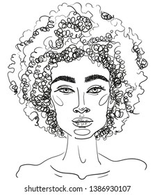 Portrait of a beautiful African girl. round big hairstyle with curly hair. Vector image in black ink on a white background. The painting style is a quick sketch.