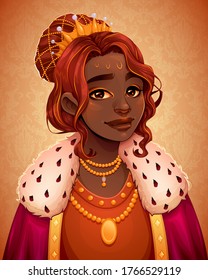 Portrait of a beautiful African queen. Vector cartoon illustration.