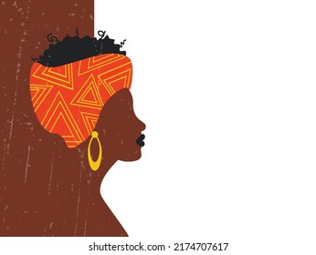 Portrait Beautiful African Woman.  African American Woman. Profile Of Woman In Turban. Silhouette On Contrasting Background. Banner Or Flyer Template. Flat Vector Illustration With Grunge Texture.