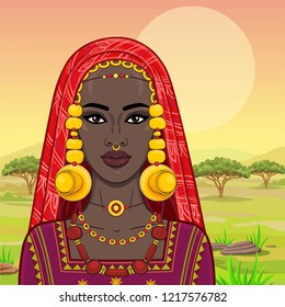 Portrait of the beautiful African woman  in ancient clothes and jewelry. Savanna princess, Amazon, nomad. Background - a landscape the desert.  Vector illustration.