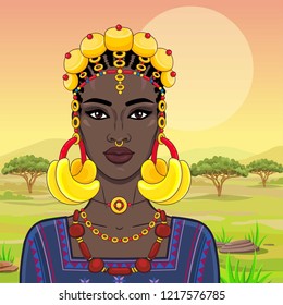 Portrait of the beautiful African woman  in ancient clothes and jewelry. Savanna princess, Amazon, nomad. Background - a landscape the desert.  Vector illustration.