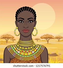 Portrait of the beautiful African woman  in ancient clothes and jewelry. Savanna princess, Amazon, nomad. Background - a landscape the desert.  Vector illustration.