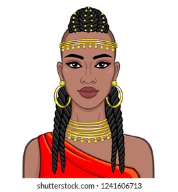 portrait of the beautiful African woman in ancient clothes and jewelry. Amazon, warrior, princess. Color drawing. Vector illustration isolated on a white background. Print, poster, t-shirt. 