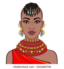 portrait of the beautiful African woman in ancient clothes and jewelry. Color drawing. Vector illustration isolated on a white background. Print, poster, t-shirt, card.