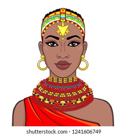 portrait of the beautiful African woman in ancient clothes and jewelry. Color drawing. Vector illustration isolated on a white background. Print, poster, t-shirt, card.