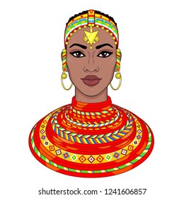 portrait of the beautiful African woman in ancient clothes and jewelry. Color drawing. Vector illustration isolated on a white background. Print, poster, t-shirt, card.