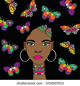 Portrait of the beautiful African woman in ancient jewelry. Beautiful woman face with butterflies on black background vector illustration. 