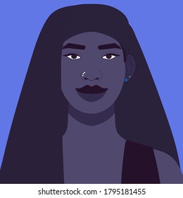 Portrait of a beautiful African woman with a black headscarf and piercing. Young pretty lady smiles on a blue background. World community. Social network profile avatar. Contemporary flat design.