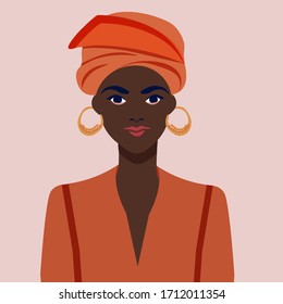 Portrait of a beautiful african woman with earring. Female portrait. Beauty concept. Nations and races. Vector flat illustration. Great for avatars.  American student. 