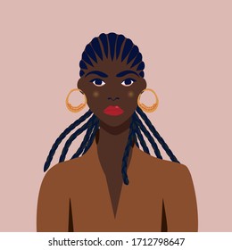 Portrait of a beautiful african woman with earring. Female portrait. Black beauty concept. Nations and races. American student. Vector flat illustration. Great for avatars.