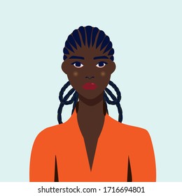 Portrait of a beautiful african woman with earring. Female portrait. Black beauty concept. Nations and races. American student. Vector flat illustration. Great for avatars.