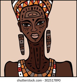 Portrait of beautiful African woman. Hand drawn ethnic illustration.
