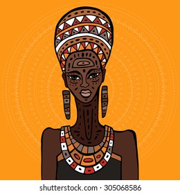 Portrait of beautiful African woman. Hand drawn ethnic illustration.