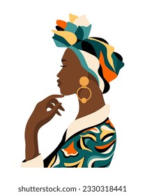 Portrait of a beautiful African woman in a national headdress in profile. Illustration, vector