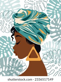Portrait of a beautiful African woman in a national headdress in profile. Illustration, vector	
