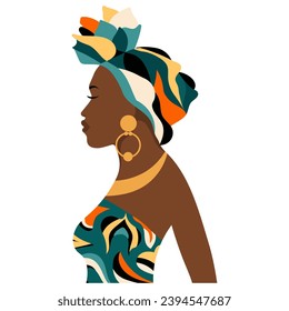 Portrait of a beautiful African woman in profile in a national headdress, a turban. Illustration, vector