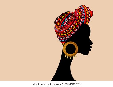 portrait beautiful African woman. Shenbolen Ankara Headwrap Women Afro Traditional Headtie Scarf Turban. Colorful Kente head wraps African fabric design. Vector icon logo isolated beige background