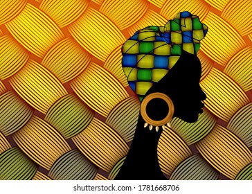 portrait beautiful African woman. Shenbolen Ankara Head wrapped woman wearing traditional tied head scarf or turban. Colorful Kente head wraps concept.  Abstract Afro fabric design weaved pattern