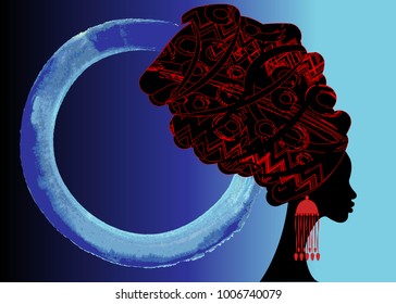 portrait beautiful African woman in traditional turban, Kente head wrap African, Traditional dashiki printing, black Afro women vector silhouette with traditional jewelry, ethnic batik background