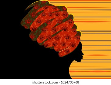 portrait beautiful African woman in traditional turban, Kente head wrap African, Traditional dashiki printing, black afro women vector silhouette isolated with traditional batik, ethnic background