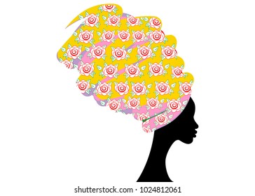 portrait beautiful African woman in traditional turban, Kente head wrap African, Traditional dashiki printing, black women vector silhouette isolated , hairstyle concept