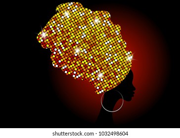 portrait beautiful African woman in traditional turban, Golden fashion Kente head wrap African, black women vector silhouette isolated , hairstyle concept, cover for black music, disco, beauty event 