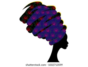 portrait beautiful African woman in traditional turban, Kente head wrap African, Traditional dashiki printing, black women vector silhouette isolated , hairstyle concept