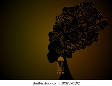 Portrait beautiful African woman in traditional turban, Kente head wrap, dashiki printing, black afro women vector silhouette Africa batik ethnic geometric decoration Brown color cloth, hairstyle 