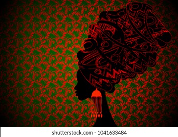portrait beautiful African woman in traditional turban, Kente head wrap African, dashiki printing, black afro women vector silhouette isolated or Africa batik ethnic floral decoration background