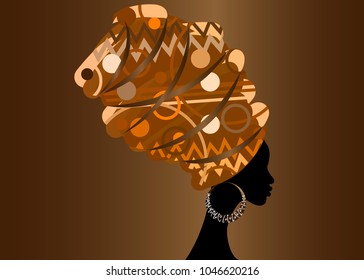 portrait beautiful African woman in traditional turban, Kente head wrap African, dashiki printing, black afro women vector silhouette with African bone earring. Africa batik ethnic style decoration 