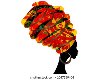 portrait beautiful African woman in traditional turban, Kente head wrap African, dashiki printing, black afro women vector silhouette with African bone earring. Africa batik ethnic style decoration 