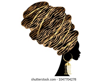 Portrait beautiful African woman in traditional turban, Kente head wrap, dashiki printing, black afro women vector silhouette Africa batik ethnic zebra decoration Brown color cloth, hairstyle concept