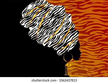 portrait beautiful African woman in traditional turban, Kente head wrap African, Traditional dashiki printing, black afro women vector silhouette with traditional batik, ethnic zebra tiger background 