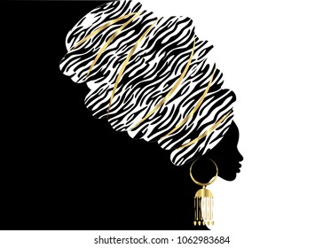 retrato de hermosa mujer africana en turbante tradicional, envoltura de cabeza Kente africana, impresión tradicional dashiki, silueta vectorial de mujeres afro negro con textura de cebra étnica, fondo de batik vector 