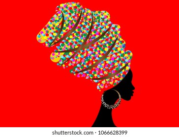 portrait beautiful African woman in traditional turban, Kente head wrap African, dashiki printing, black afro women vector silhouette with African bone earring. Colorful Vector isolated or red 