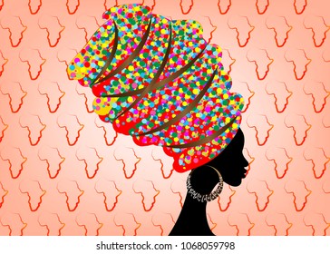 portrait beautiful African woman in traditional turban, Kente head wrap African, dashiki printing, black afro women vector silhouette with African bone earring. Vector isolated or africa background 