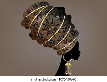 portrait beautiful African woman in traditional turban, Kente head wrap African, dashiki printing, black afro women vector silhouette, isolated. Africa batik ethnic flower gold style decoration 