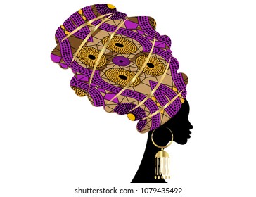 portrait beautiful African woman in traditional turban, Kente head wrap African, Traditional dashiki printing, black women vector silhouette isolated with traditional gold earrings, hairstyle concept