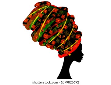 portrait beautiful African woman in traditional turban, Kente head wrap African, Traditional dashiki printing, black women vector silhouette isolated with traditional Ankara wrap, hairstyle concept