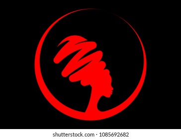 portrait beautiful African woman in traditional turban, black women vector red silhouette isolated on black background, hairstyle concept 