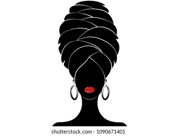 Portrait Beautiful African Woman In Traditional Turban, Black Women Vector Silhouette Isolated , Hairstyle Concept