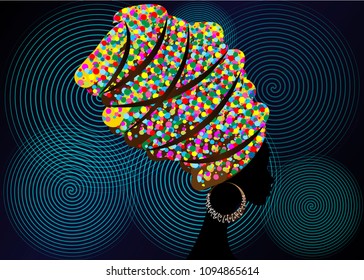 portrait beautiful African woman in traditional turban, Kente head wrap African, dashiki printing, black afro women vector silhouette with African bone earring. Vector twist shape pattern background