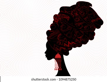 portrait beautiful African woman in traditional turban, Kente head wrap African, dashiki printing, black afro women vector silhouette with African  earring. Vector isolated or twist shape background