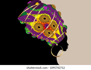 portrait beautiful African woman in traditional turban, Kente head wrap African, Traditional dashiki printing, black women vector silhouette isolated with traditional gold earrings, template brochure