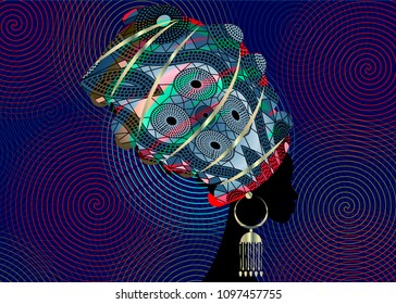 portrait beautiful African woman in traditional turban, Kente head wrap African, dashiki printing, black afro women vector silhouette with African gold earring. Vector twist shape pattern background