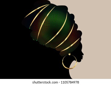 portrait beautiful African woman in traditional turban, Kente head wrap African, Traditional dashiki printing, black women vector silhouette isolated with traditional gold earrings, template brochure
