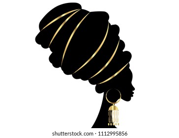 portrait beautiful African woman in traditional turban, Kente head wrap African, Traditional dashiki printing, black women vector silhouette isolated with traditional gold earrings, hairstyle concept